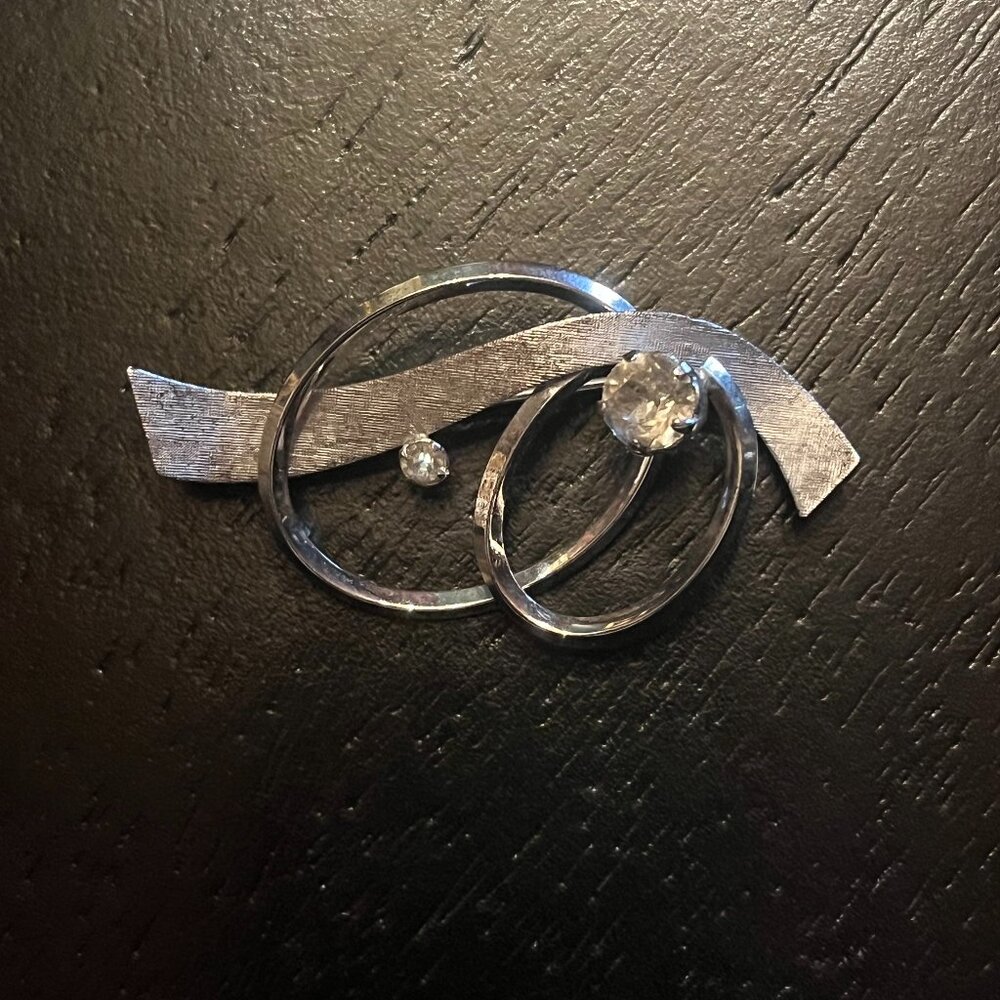 Vintage 925 Sterling Silver Van Dell Double Circle Brooch Rhinestone